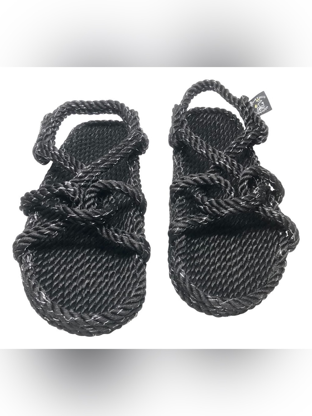 Braided Rope Slide Sandals in Black and Silver Metallic